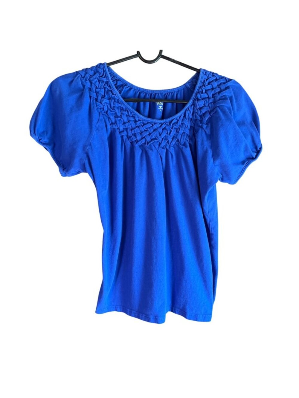 Blue Smocked Cotton Top With Short Sleeves By Peace Of Paris Size Large 32e